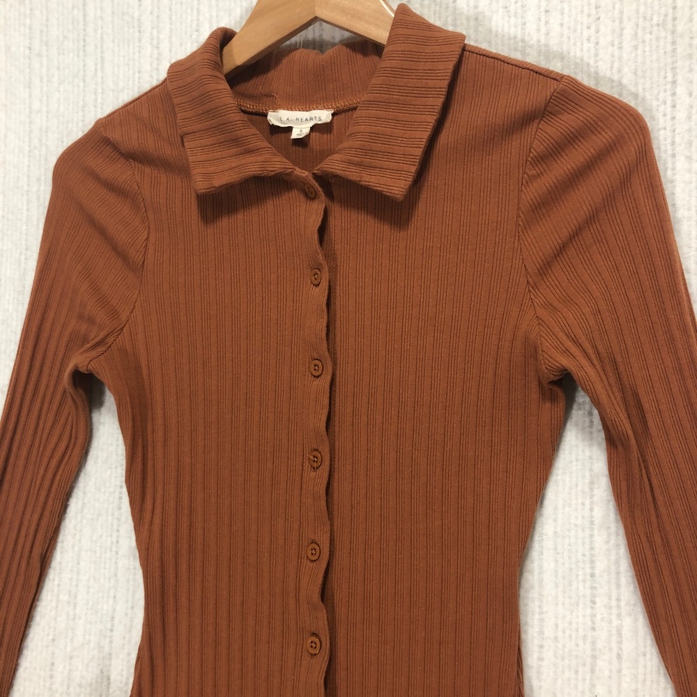 LA Hearts Womens Mini Dress Long Sleeve Ribbed Button Front Collared Brown Small
